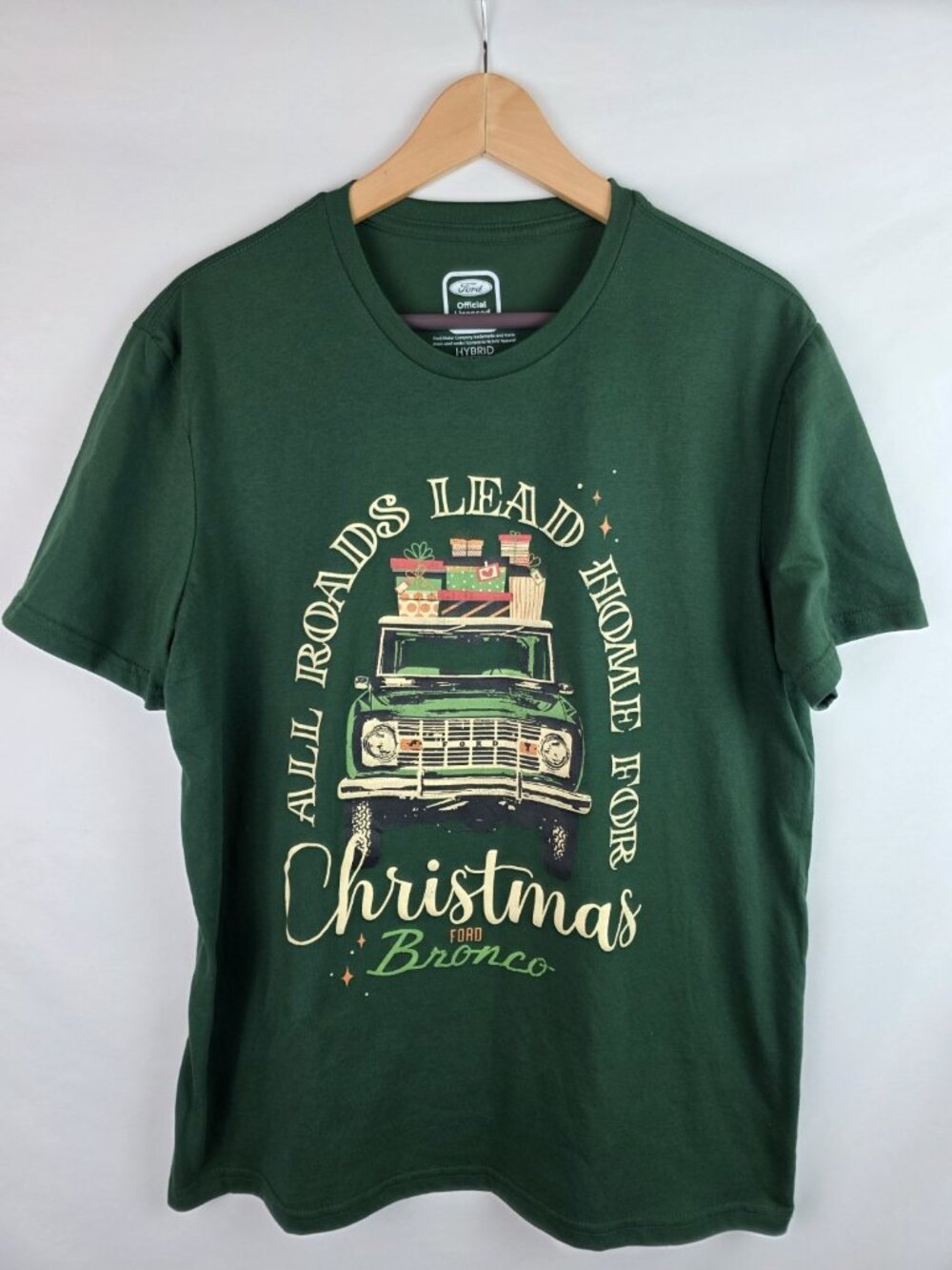 Ford Bronco Christmas Shirt Size Large Green Short Sleeve All Roads Lead Home